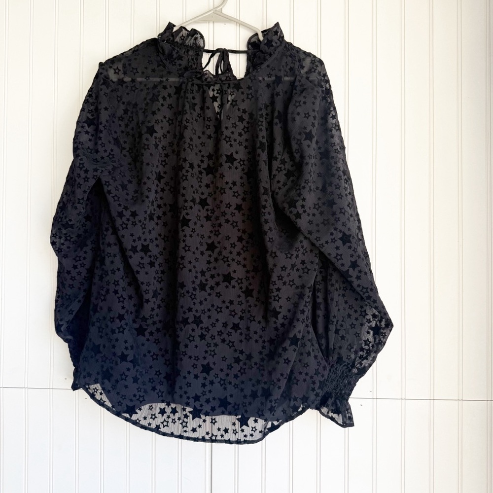 Ann Taylor LOFT Size L Sheer Black Star Ruffle Tie Neck Blouse - Picture 3 of 7